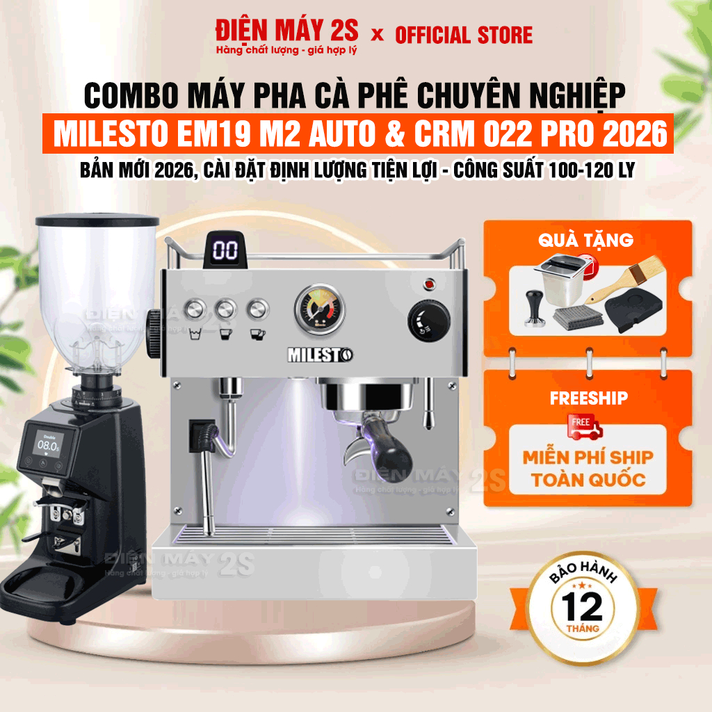 [HCM-Có VAT] Combo Máy Pha Cà Phê Milesto EM19 M2 Auto & Máy Xay Cà Phê 022 Pro - Công Suất 120 Ly Sử Dụng Bán Hàng