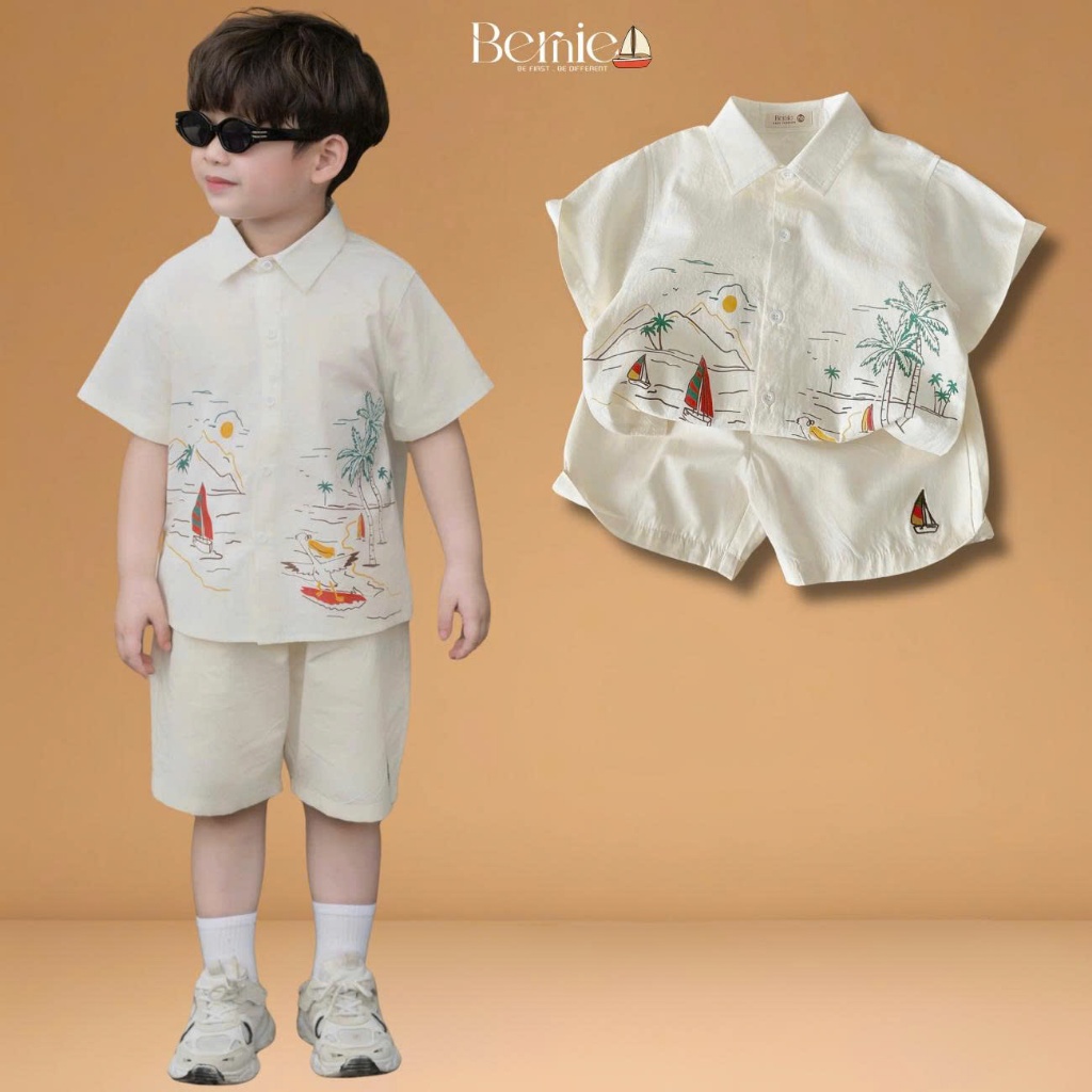 Set sơ mi ngắn tay cho bé trai đi biển họa tiết Tiny kèm quần short kaki 9 tới 25kg BERNIE H1025B57