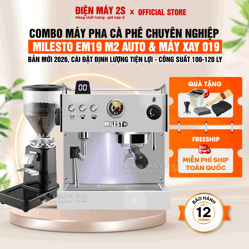 [HCM-Có VAT] Combo Máy Pha Cà Phê Milesto EM19 M2 Auto &  Máy Xay Cà Phê LD019 - Tự Động Định Lượng 