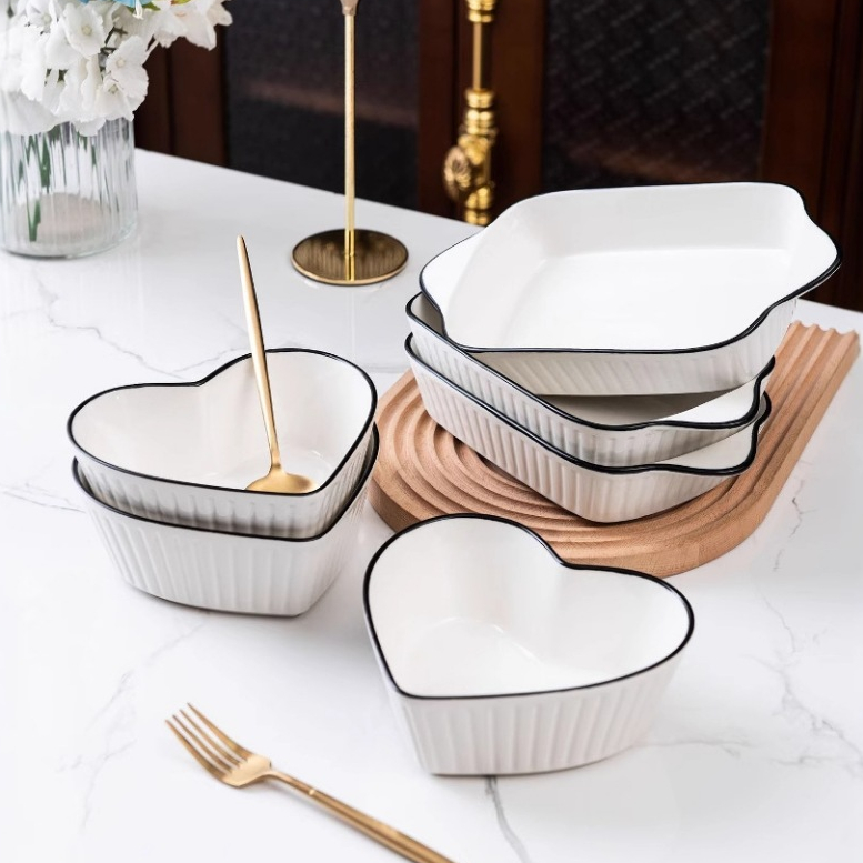 Bát Đĩa sứ ăn cơm trắng Viền Đen Vân Sọc sang trọng -  Gốm Sứ Cao Cấp