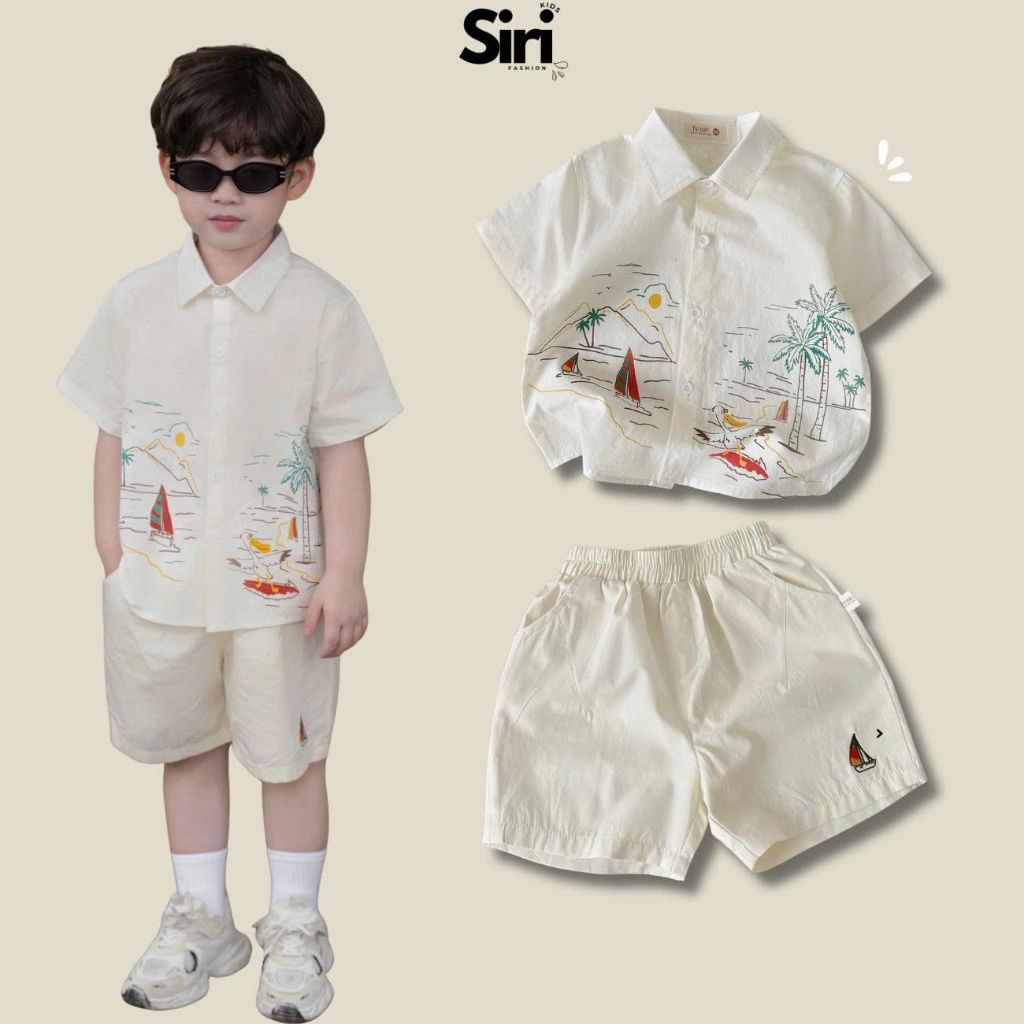 Set sơ mi ngắn tay đi biển cho bé trai họa tiết Tiny kèm quần short kaki 9kg tới 25kg SIRI H1025B57