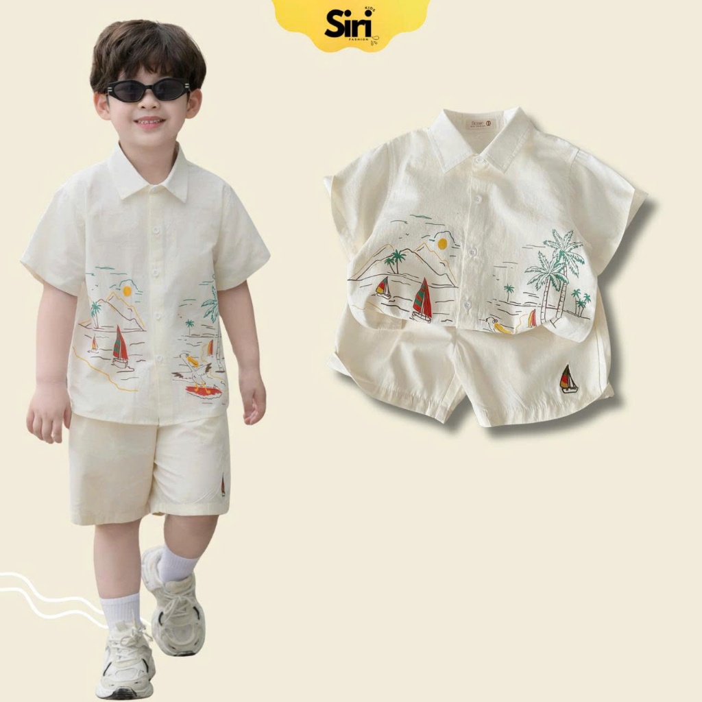 Set sơ mi ngắn tay đi biển cho bé trai họa tiết Tiny kèm quần short kaki 9kg tới 25kg SIRI H1025B57