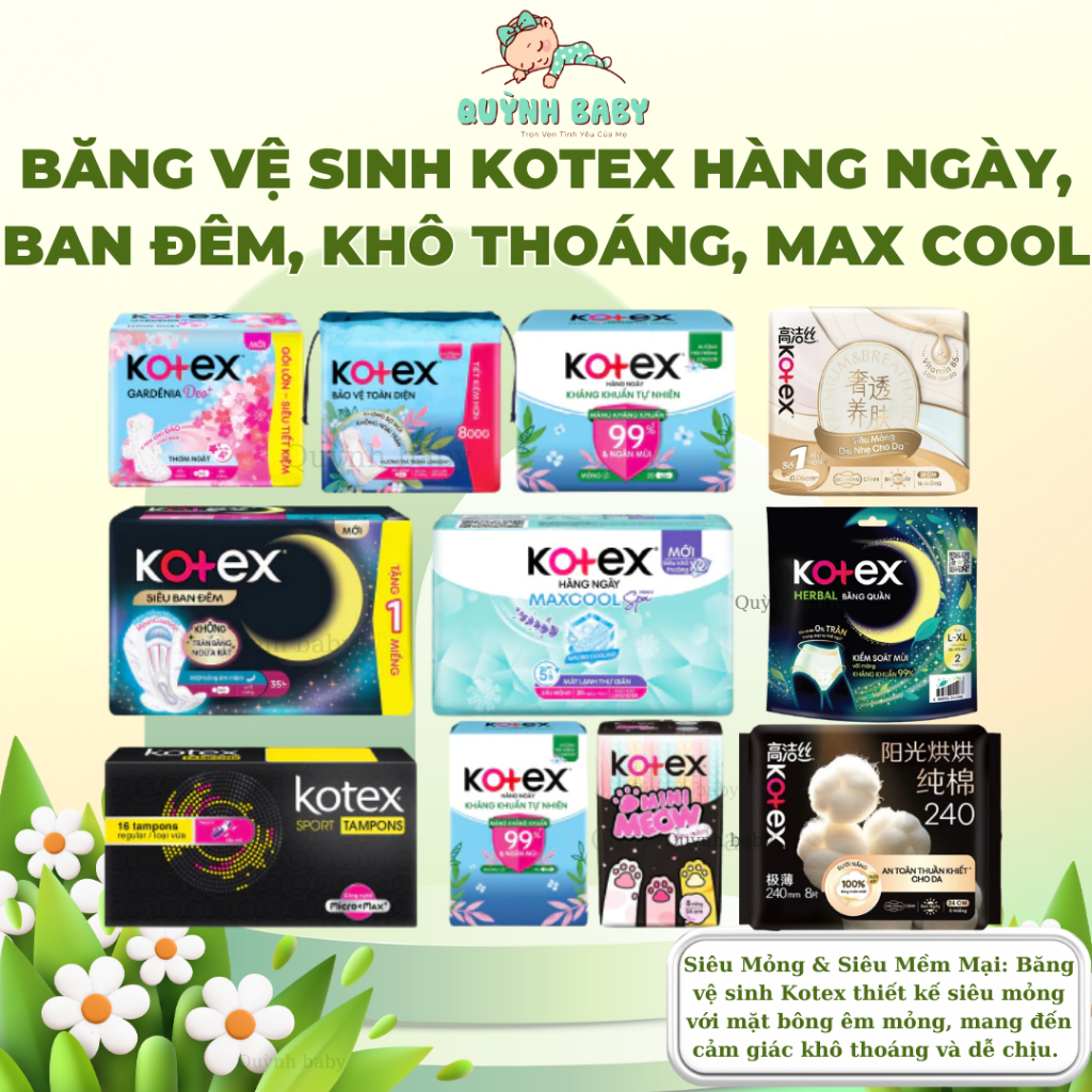 Băng vệ sinh KOTEX hàng ngày, ban đêm, khô thoáng, max cool siêu mỏng, thấm hút nhanh