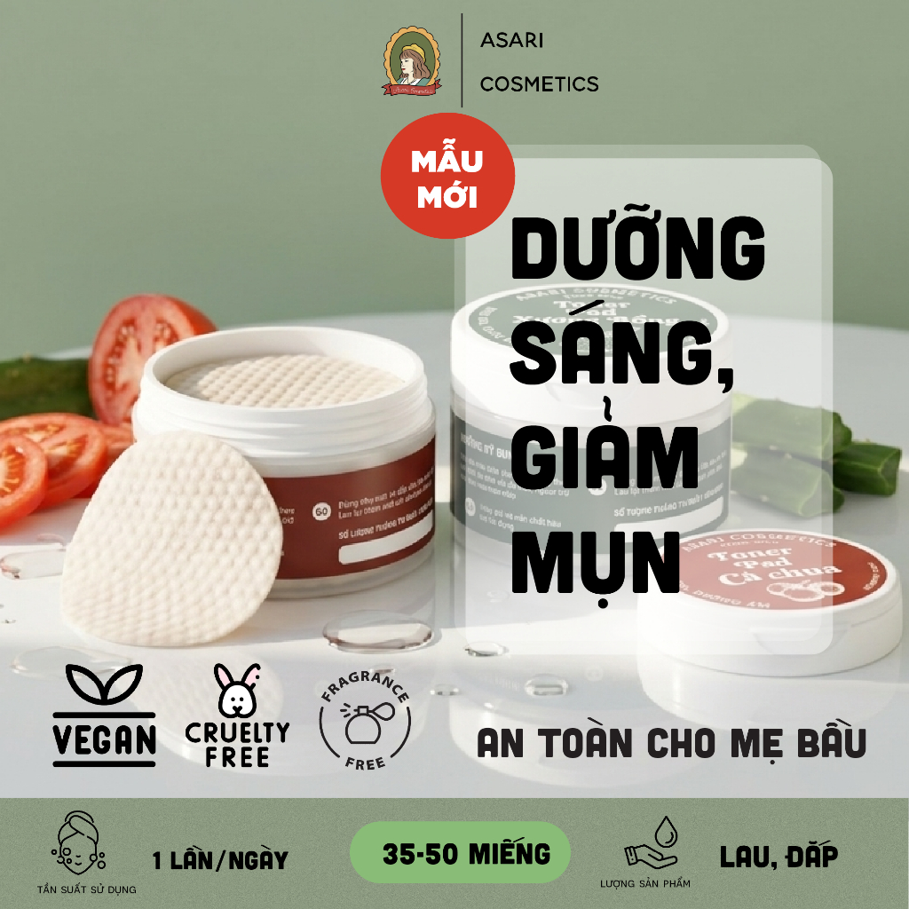 [30-50 miếng] Toner pad hằng ngày giúp cấp ẩm, giảm mụn, sáng da có kèm que gắp Asari Cosmetics