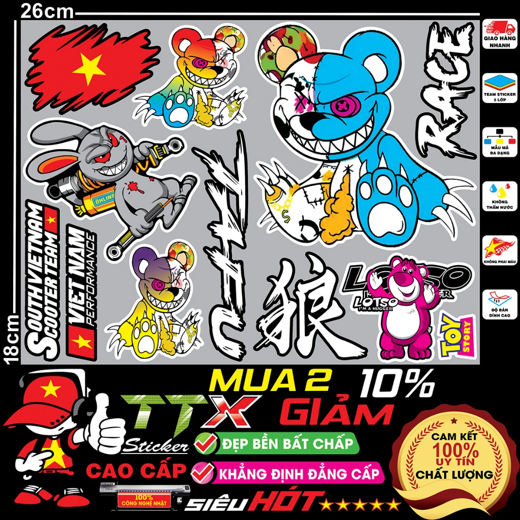 tem sticker dán gấu quỷ bạo lực ma siêu hót trend - team, tafu, race southvietnam hình trang trí xe đẹp hết ý