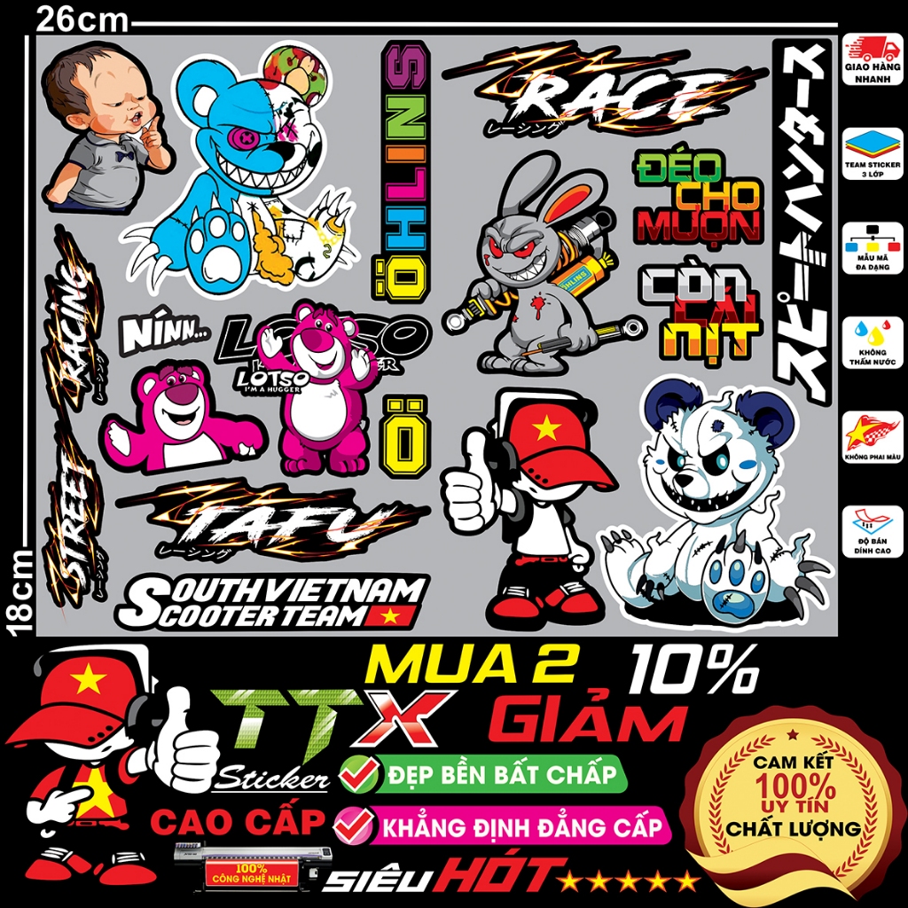 tem dán xe điện gấu quỷ bạo lực thỏ ohlins chữ tàu race tafu hót trend chống nước - team dán mọi vị trí đẹp hết ý