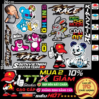 tem dán xe điện gấu quỷ bạo lực thỏ ohlins chữ tàu race tafu hót trend chống nước - team dán mọi vị trí đẹp hết ý