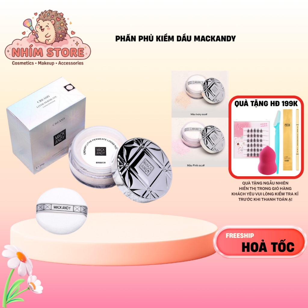 Phấn phủ MACK ANDY kiềm dầu Nắp bạc, Lâu trôi có kim tuyến lấp lánh | NHÍM STORE
