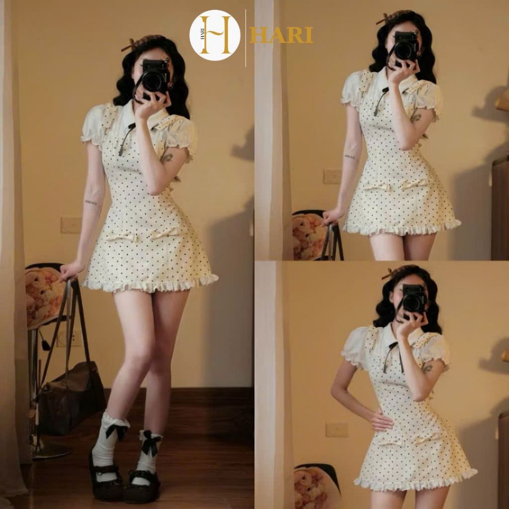Váy Yếm Hoa Nhí Mix Sơ Mi May Liền Đính Nơ Tiểu Thư Dễ Thương Hari Dáng Ngắn Hàn Quốc Vay131
