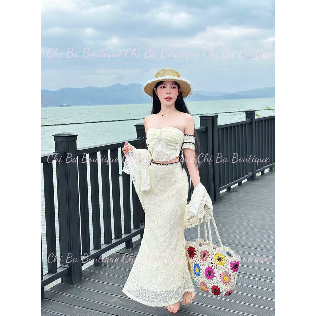 Set 3 món áo ren áo cúp nơ trễ vai + cv đuôi cá viền ren + khăn choàng ren