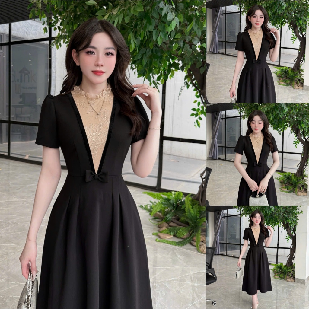 VK276 - Váy Thiết Kế Evii dành cho nữ, Đầm thiết kế cổ bèo phối ren, nơ liền dáng A xòe dài