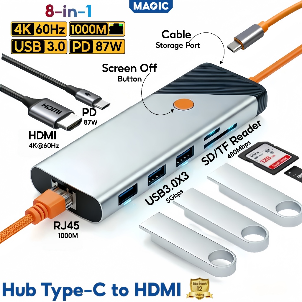 bộ chuyển đổi type c to RJ45 8/9/10 in 1,HDMI 4K60Hz, đầu RJ45 1000M Dock, hub chuyển đổi macbook