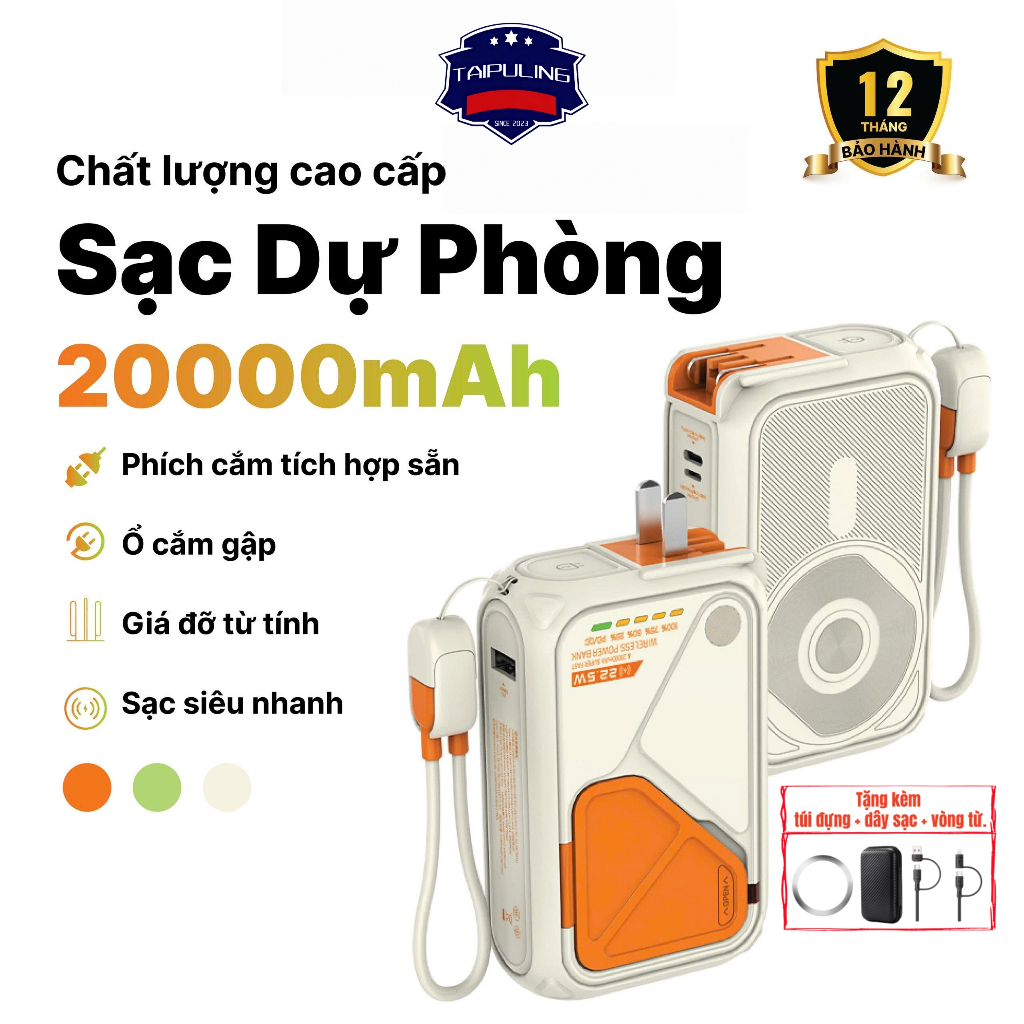 TAIPULING Sạc Dự Phòng kiêm Củ Sạc20000mAhCó Phích Cắm Gập, Tích Hợp Dây Sẵn, 22.5W