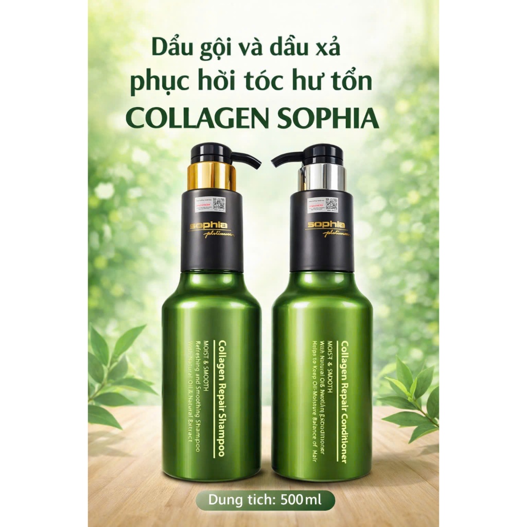 Dầu gội và dầu xả phục hồi tóc hư tổn  collagen Sophia Hàn Quốc 500g