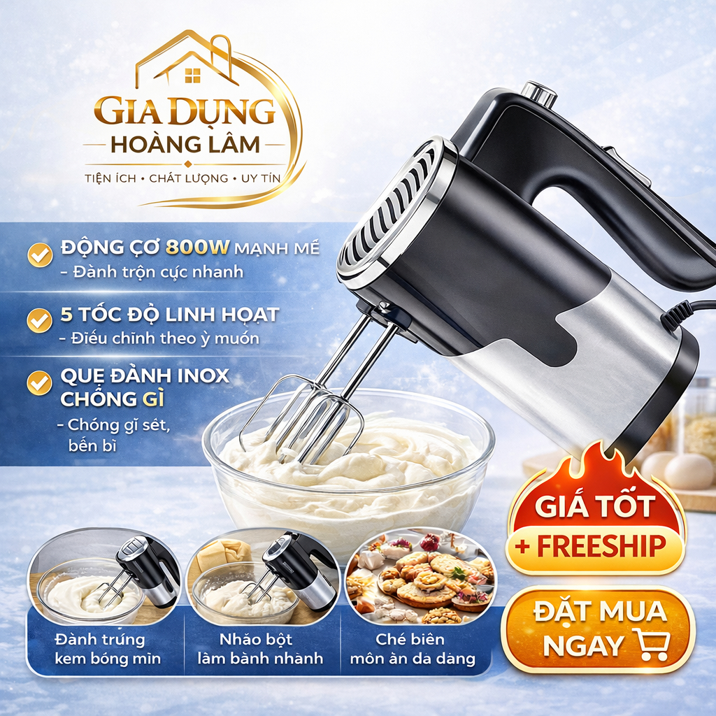 Máy Đánh Trứng Cầm Tay 800W 5 Tốc Độ Mạnh Mẽ – Máy Trộn Bột Làm Bánh Đa Năng, Máy Đánh Kem Trứng Mini
