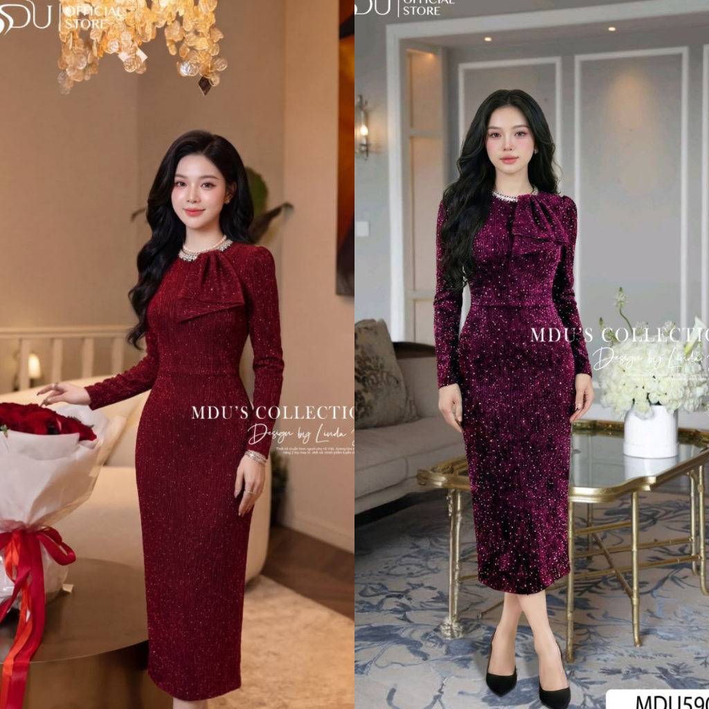 Váy dạ hội thiết kế BST MDU5851 nhũ dệt kim sa đính đá dáng ôm midi tay dài vai bồng