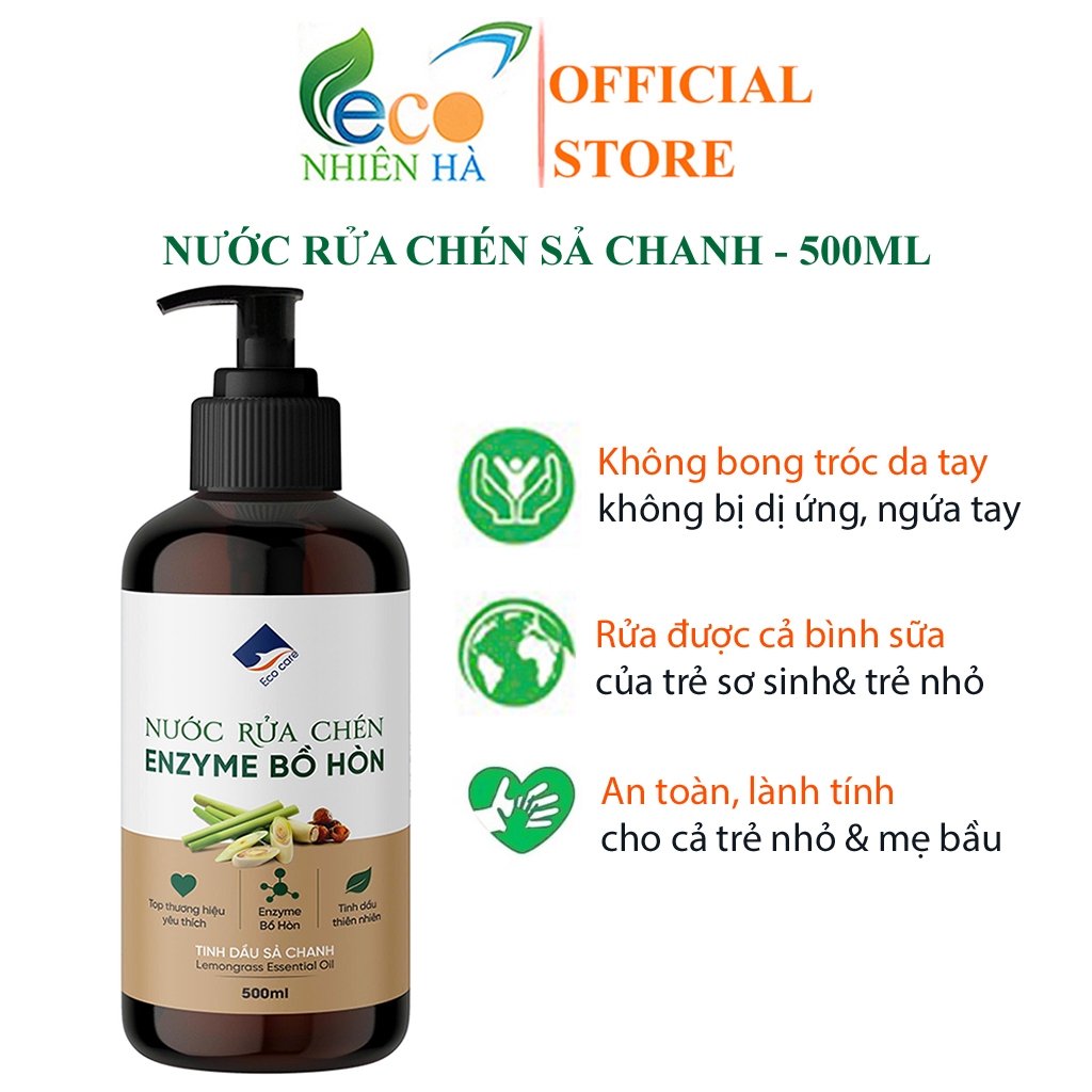 Nước rửa chén enzyme bồ hòn ECOCARE 500ml tinh dầu sả chanh, an toàn da tay, rửa sạch dầu mỡ