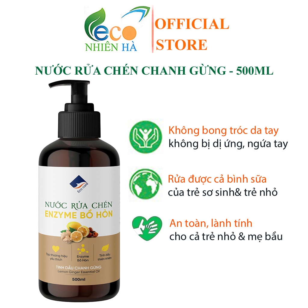 Nước rửa chén enzyme bồ hòn ECOCARE 500ml tinh dầu chanh gừng, an toàn da tay, rửa sạch dầu mỡ