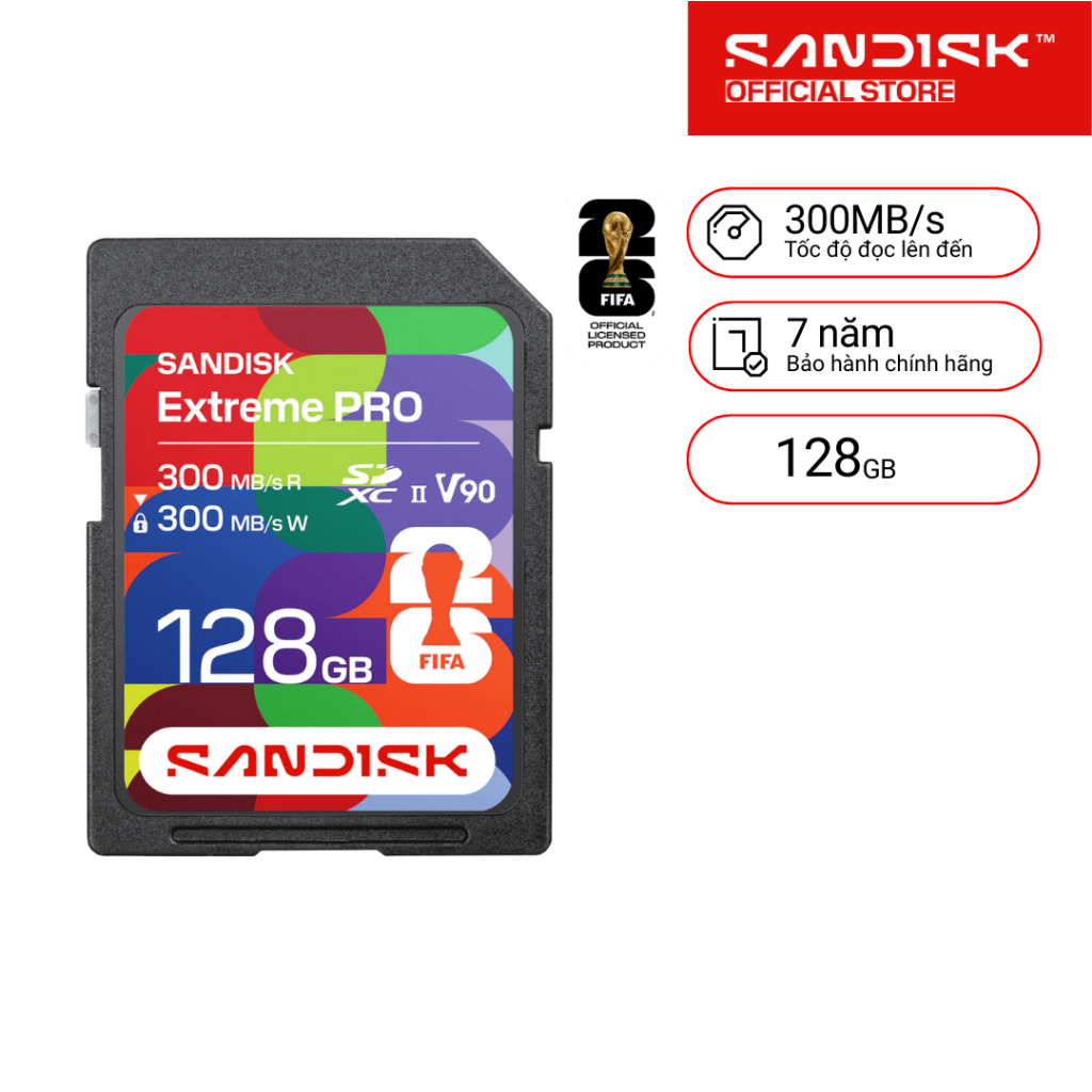 Thẻ nhớ SDXC SanDisk FIFA World Cup 2026 128GB V90 U3 UHS-II 300MB/s SDSDXDM-128G-GN4IH  - Bảo hành 