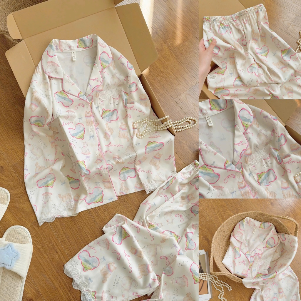 ĐỒ NGỦ PIJAMA NỮ LỤA SATIN CAO CẤP TAY DÀI QUẦN DÀI HOA TIẾT DỄ THƯƠNG MEY TRẦN