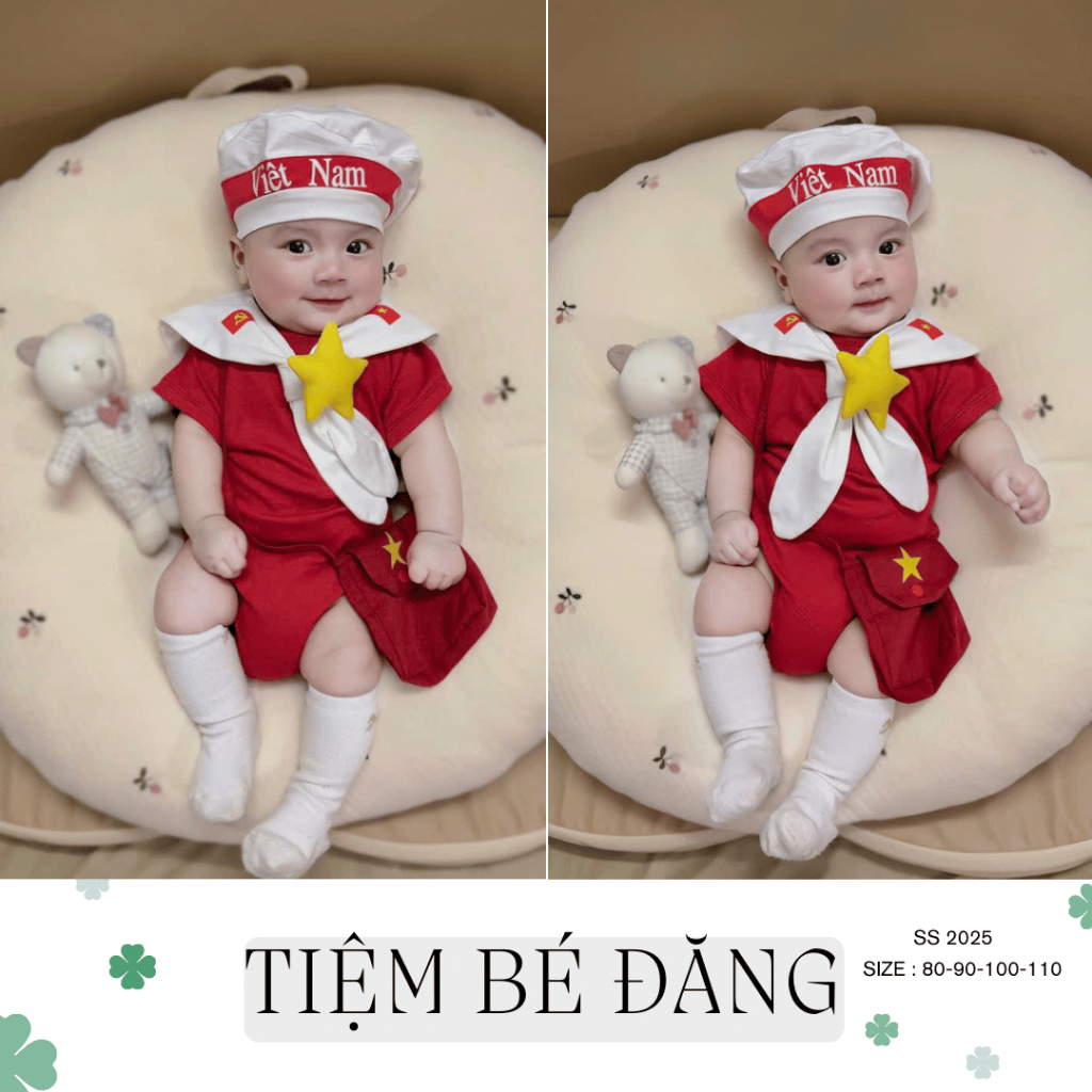 Set Đồ Việt Nam 4CT Cho Bé Trai Bé Gái | Bodysuit Đỏ + Mũ Việt Nam + Khăn Quàng Sao Vàng | Đồ Chụp Ả