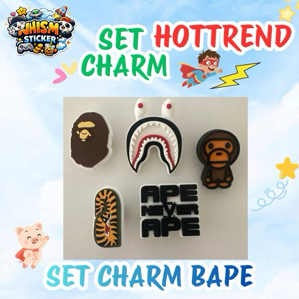 Charm gắn dép: Set charm BAPE- 5 món- Hàng chuẩn gắn clog