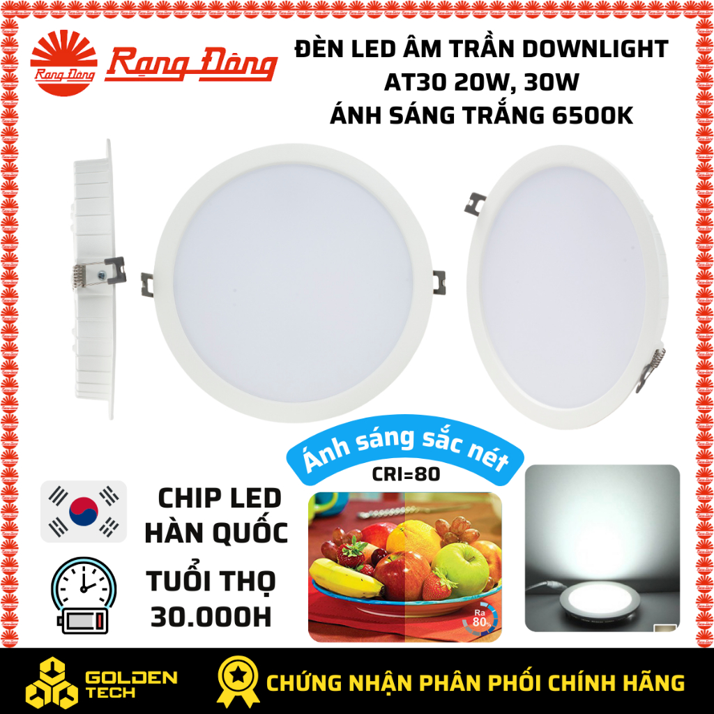 Đèn LED âm trần Downlight Rạng Đông AT30 20W, 30W Ánh sáng trắng, Hiệu suất sáng cao, bền bỉ