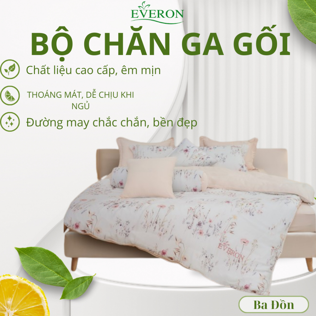 Bộ Chăn Ga Gối Everon Mơ Êm EPT25017 – Cotton Cao Cấp Mềm Mịn, Thoáng Khí, Họa Tiết Tinh Tế, Bộ Chăn