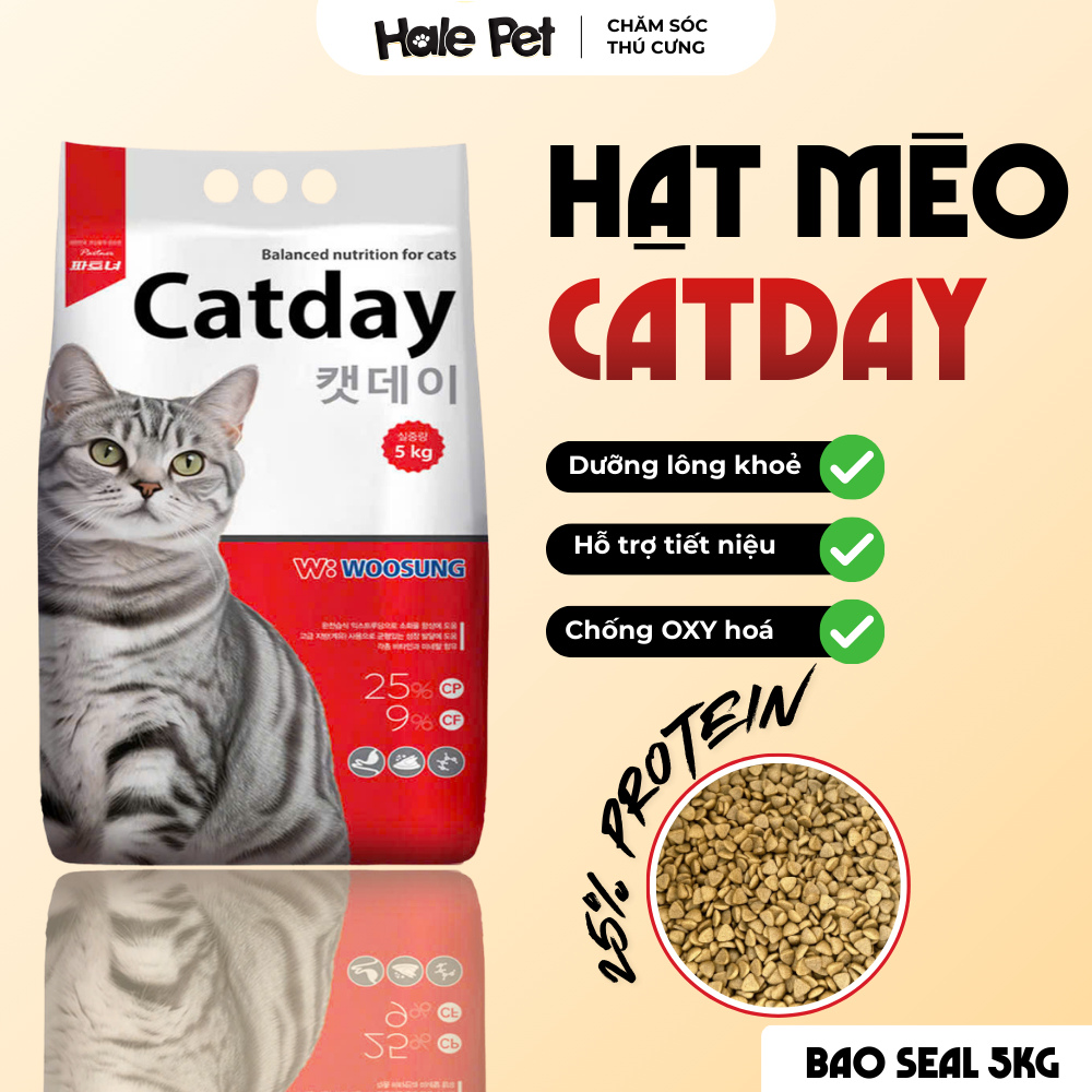 [BAO 5KG] Hạt cho mèo CATDAY 25% đạm - Yucca khử mùi, hồng sâm tăng đề kháng, hỗ trợ tiêu hoá