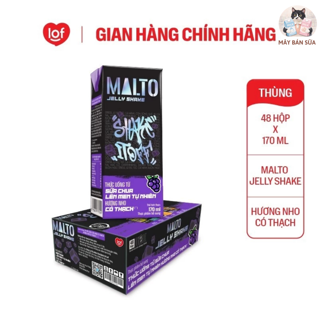 Sữa chua lên men tự nhiên MALTO Jelly Shake Shake It Off hương nho có thạch thùng 48 hộp x 170ml