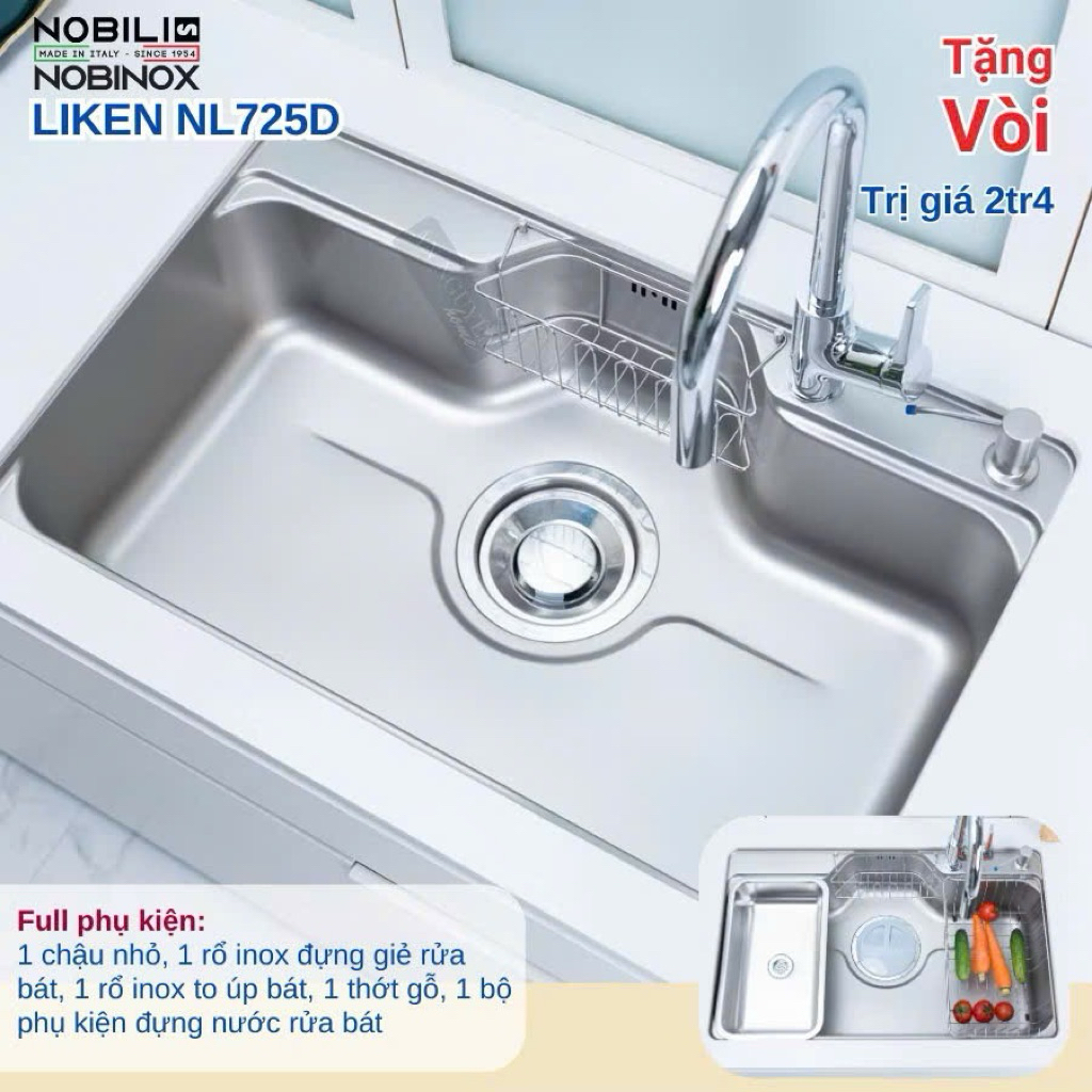 CHẬU RỬA BÁT 1 HỐ NOBINOX LIKEN NL725D tặng vòi