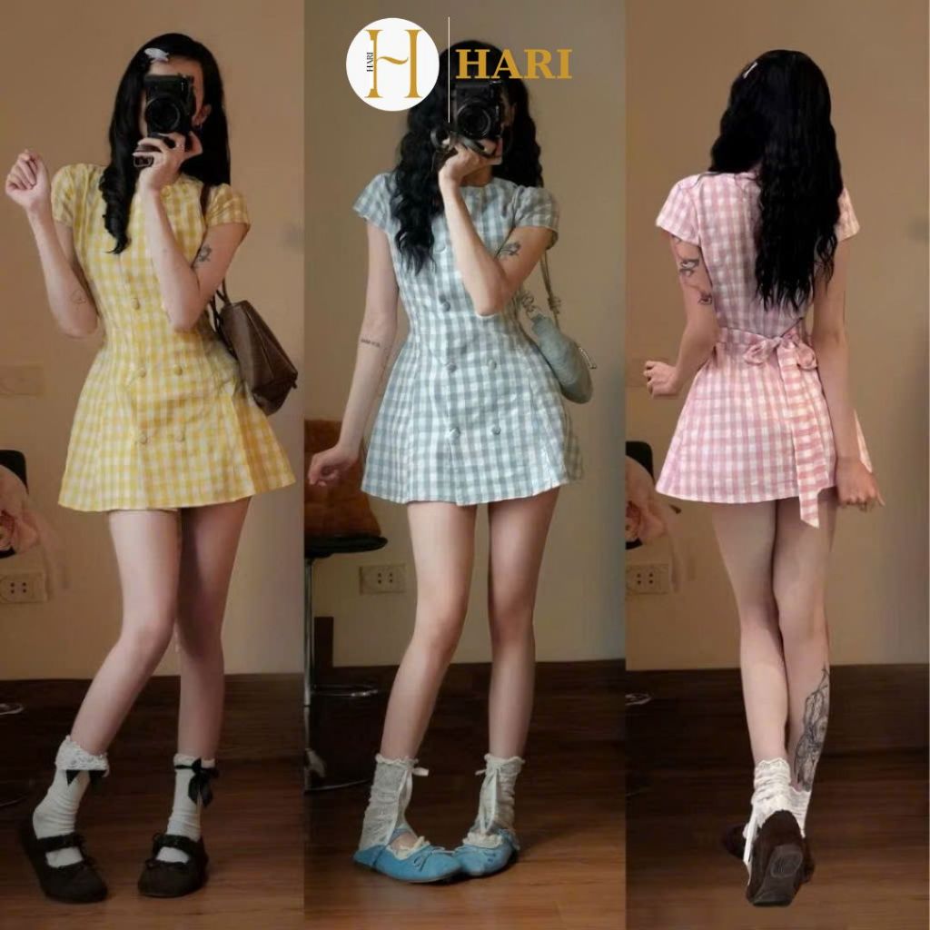 (Tặng Kèm quần bảo hộ) Váy Kẻ Caro Nữ Hari Cúc Bọc Dáng Suông Tay Ngắn Form Rộng 7388 P0 | BigBuy360 - bigbuy360.vn