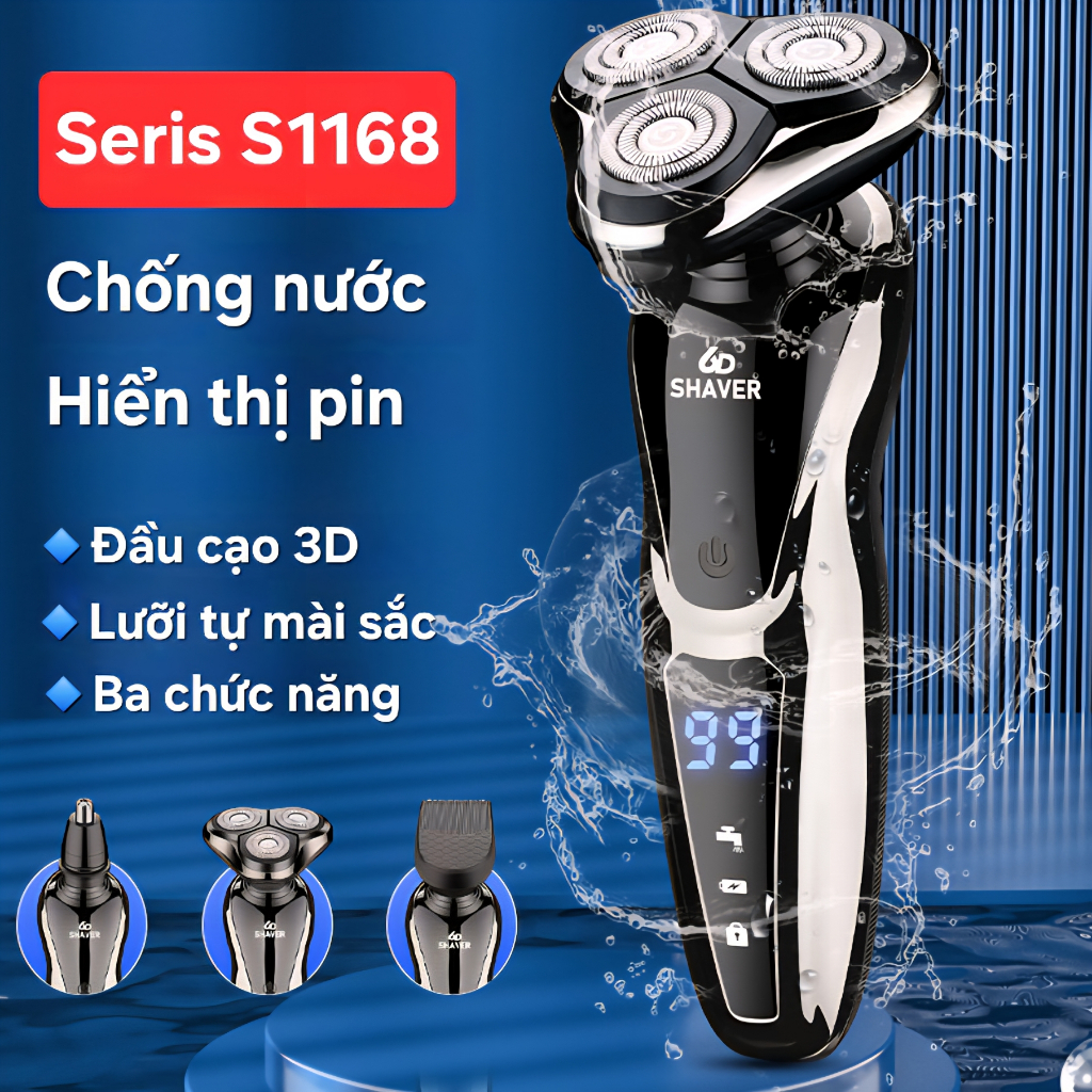 Máy cạo râu 6D Shaver S-1168 đa năng công suất 5w, chống nước, lưỡi tự mài sắc, hiển thị pin