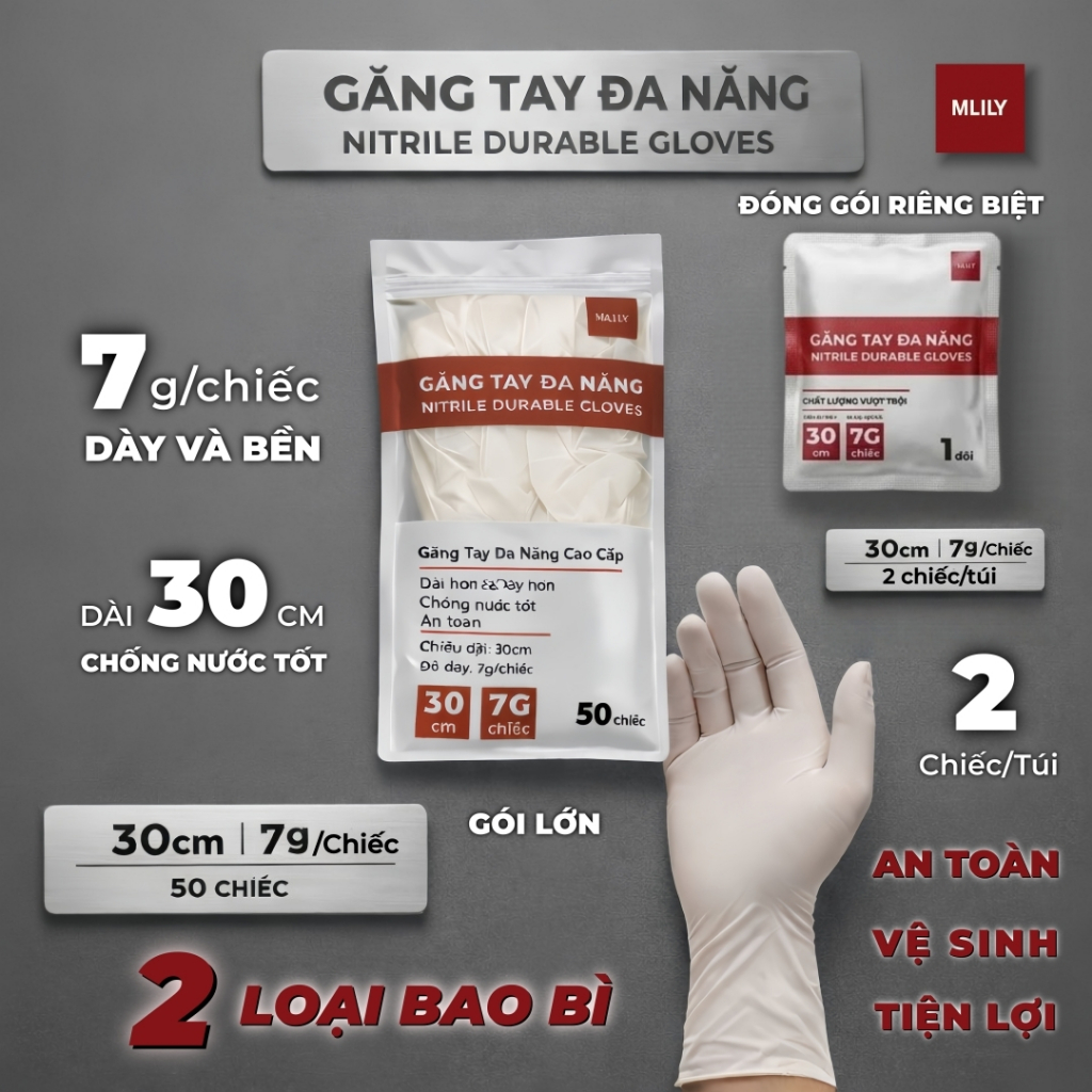 Găng Tay Cao Su MLILY Găng Tay Đa Năng Nhà Bếp, Spa, Chế Biến Thực Phẩm – 2 Chiếc/Túi Đóng Gói Riêng