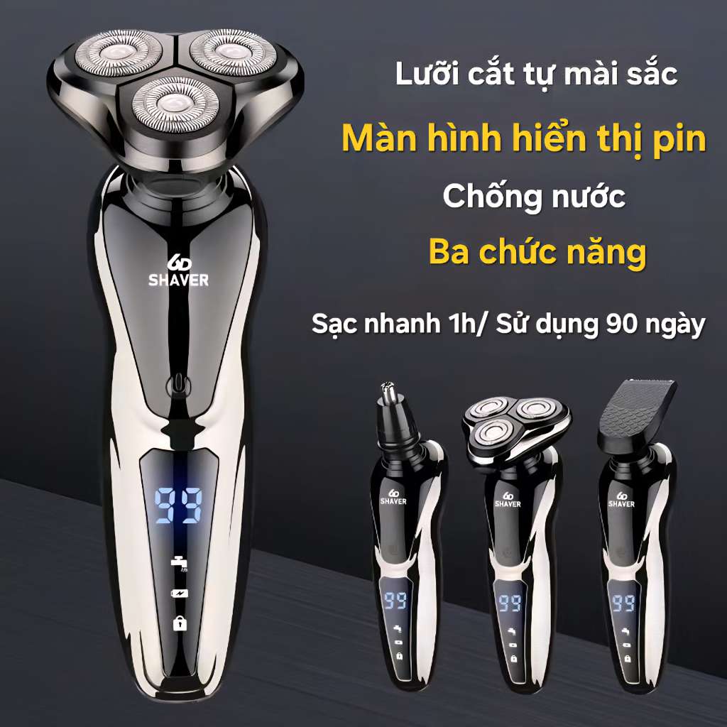 Máy cạo râu 6D Shaver S-1168  đa năng lưỡi cạo tự mài sắc, công suất 5w, chống nước, hiển thị pin