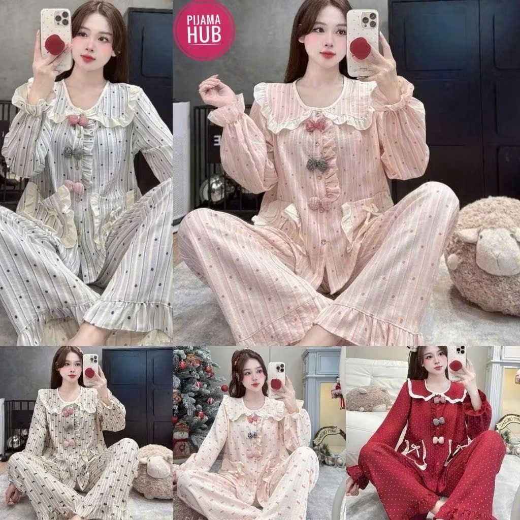SÉT BỘ PYJAMA DÀI BÈO 3 NƠ, CHẤT ĐŨI VÂN MÂY MỀM MÁT D06