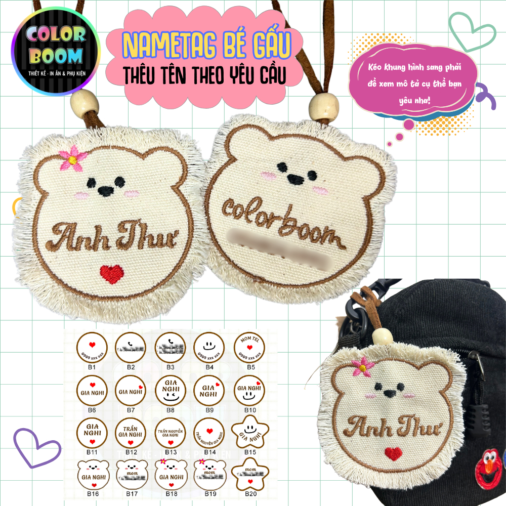 Nametag Thêu Tên Theo Yêu Cầu - Bé Gấu Cute - ColorBoomShop