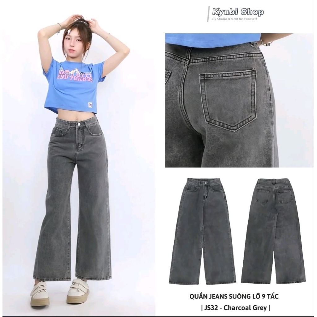 PASS NEW 100% Quần Jean Kyubi Shop ống rộng dài 9 tấc dành cho nấm lùn