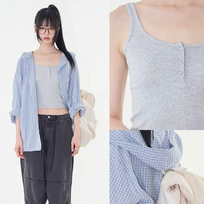 Set áo sơ mi kẻ caro xanh phối áo 2 dây gân tăm phong cách Acubi MEOW MEOW BOUTIQUE