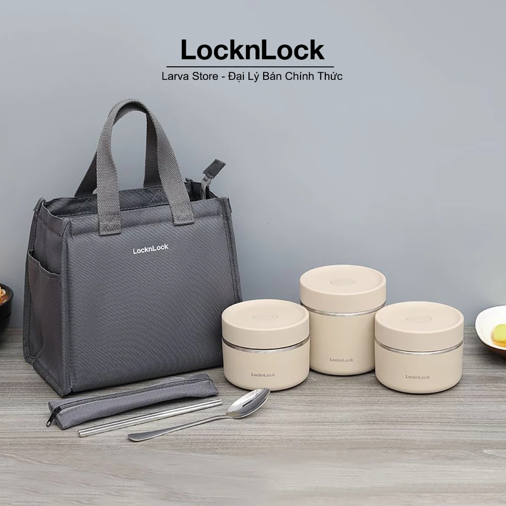 Bộ 3 hộp cơm giữ nhiệt inox 304 dung tích 300 - 300 - 500ml kèm bộ đũa thìa và túi giữ nhiệt LocknLo