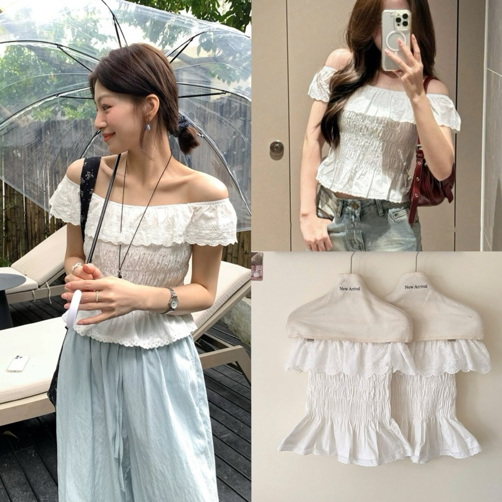 Áo trễ vai thô viền ren hoa nổi bo chun dáng xoè nhẹ BEOLA TOP, áo trễ vai nữ