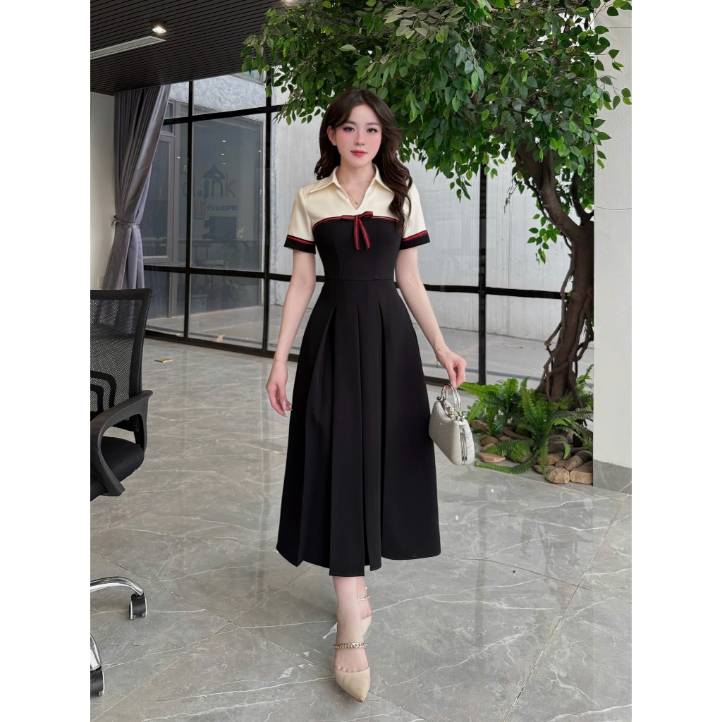 VK278 - Váy Thiết Kế Evii dành cho nữ, Đầm thiết kế cổ đức V bẻ, nơ liền dáng A xếp ly dài