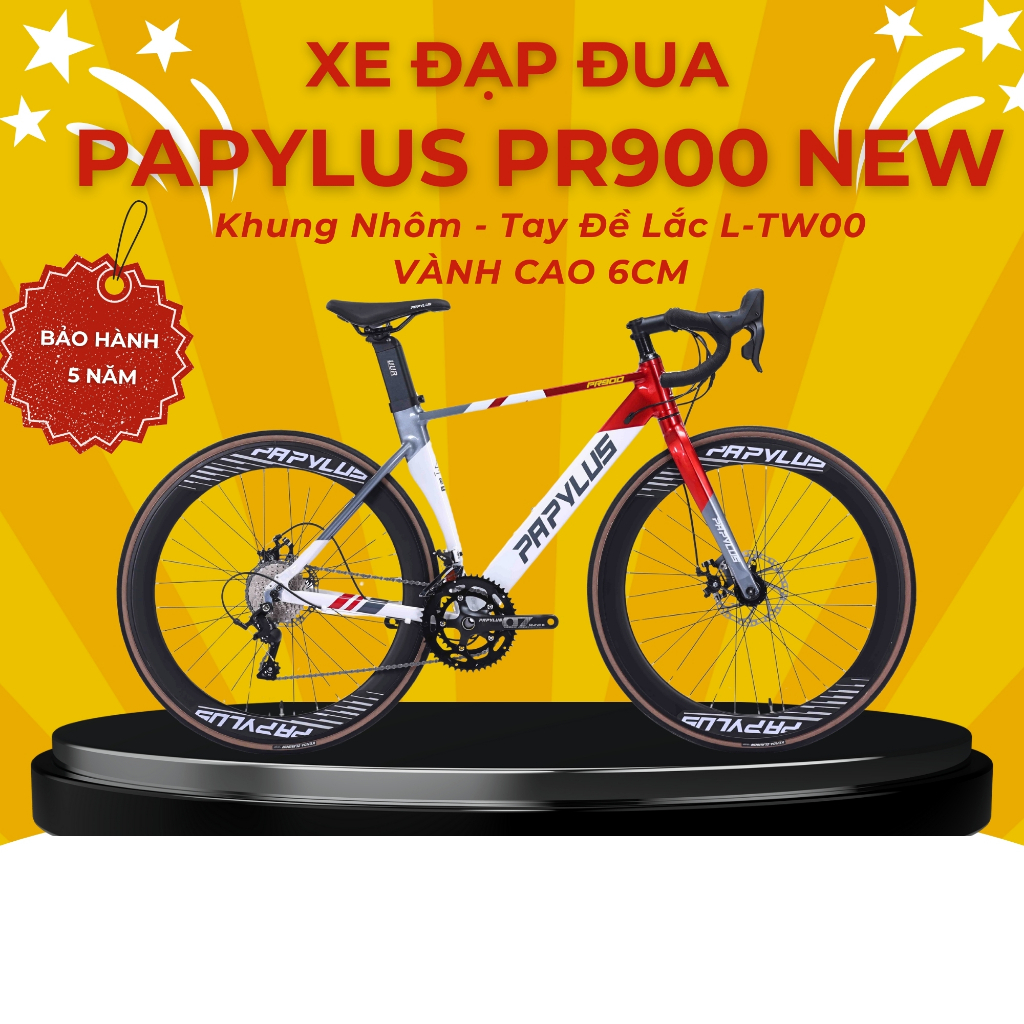 Xe Đạp Đua Papylus PR900 New, Khung Nhôm Dẹp, Vành Cao 6cm, Tay Đề Lắc 2 lưỡi LTWOO - Xe Tay Cong