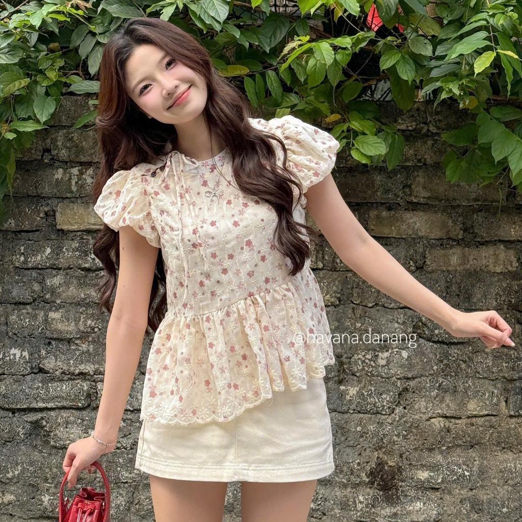 Áo babydoll ROSE tay bồng phối dây buộc nơ cách điệu cổ, Áo BabyDoll Họa Tiết hoa - AO693