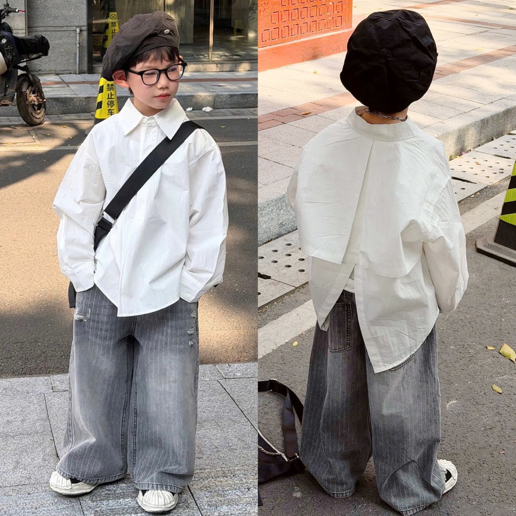 Áo sơ mi trắng dài tay bé trai xẻ lưng A827 size 110-160, áo trẻ em mùa hè cao cấp