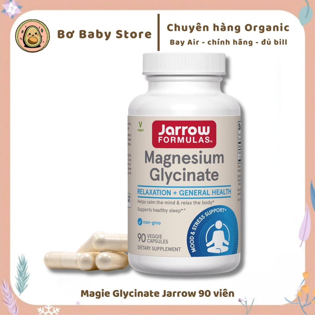 Viên uống Magie Magnesium Glycinate Jarrow Formulas 360mg 90 Viên Hỗ Trợ Ngủ Ngon Giảm Stress MỸ