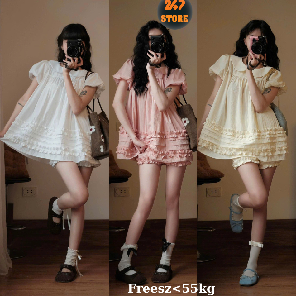 Set Áo Váy Babydoll Cổ Sen 2 Lớp Form Rộng Gấu Bèo Kèm Quần Bí Phồng Bo Chun 247STORE Setgio255