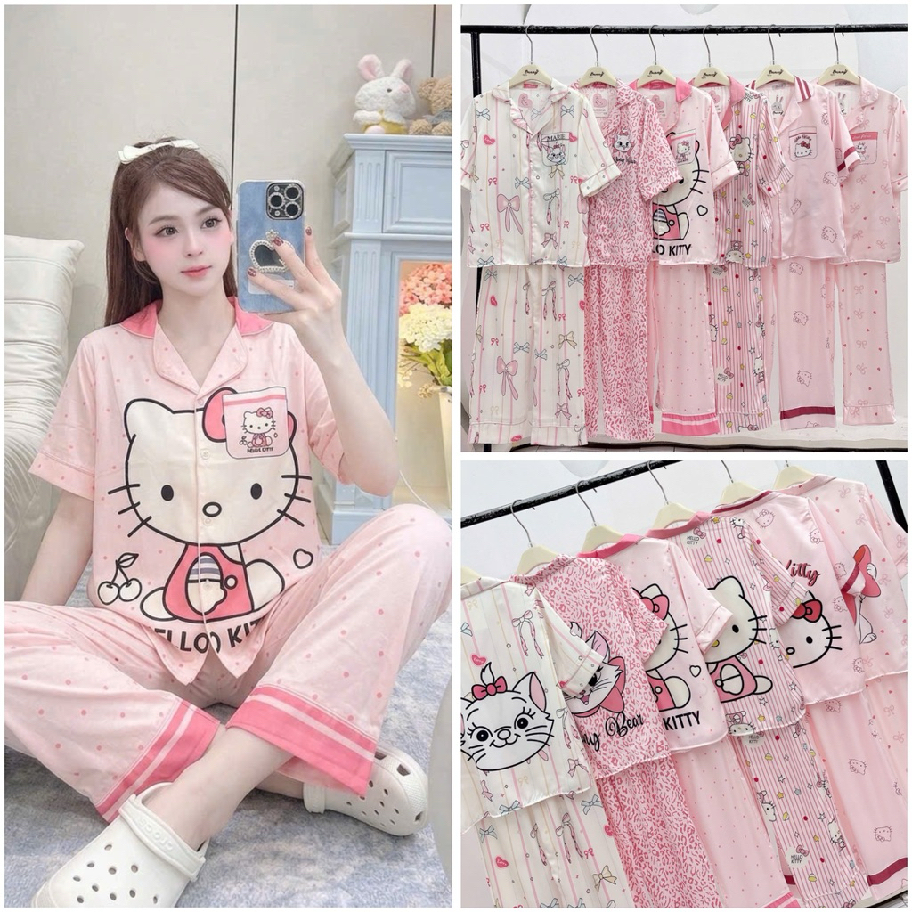 Bộ pijama in 2 mặt HELLO KITTY, set pijama lụa satin nữ xinh