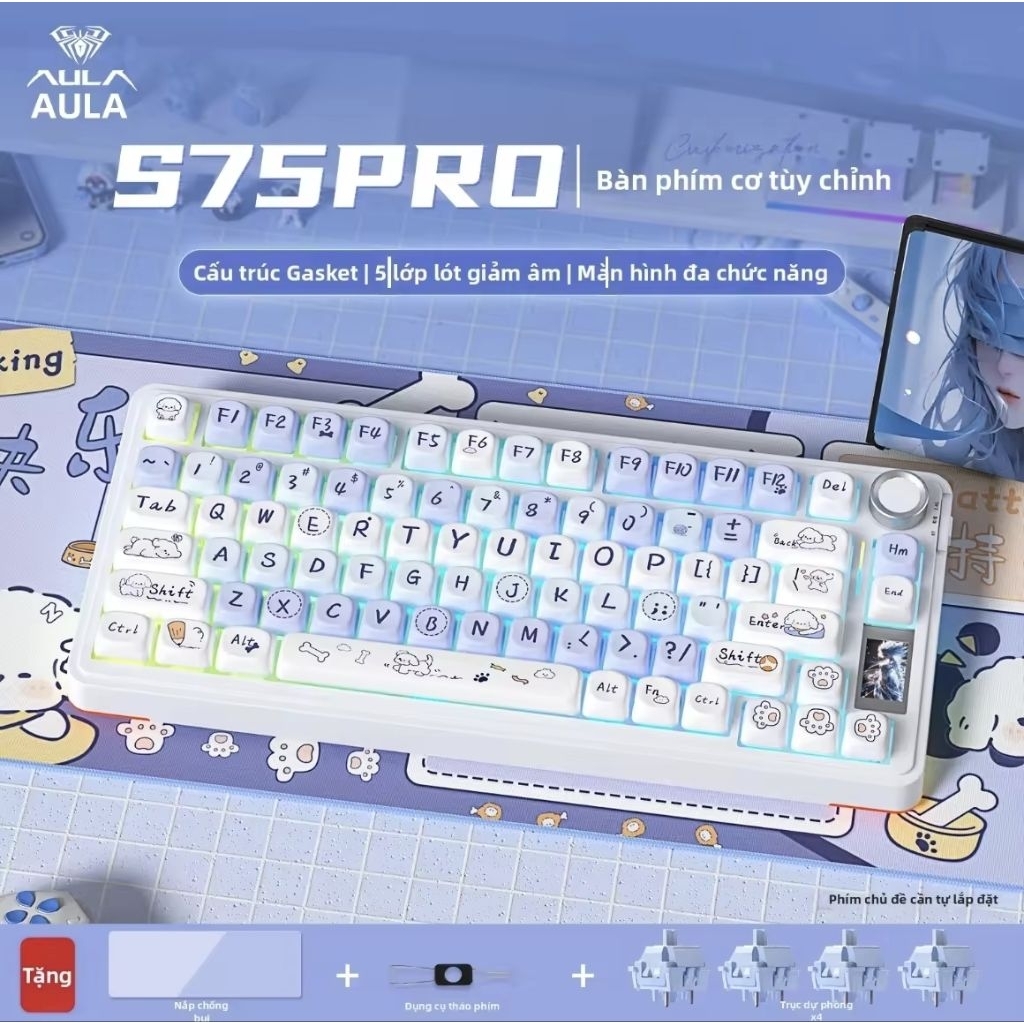 AULA Bàn phím cơ S75/F75 Pro Mạch xuôi Layout 75% 80 keys và núm xoay-Màn hình màu 1.14 TF-Hotswap-LED RGB 16 triệu màu | BigBuy360 - bigbuy360.vn