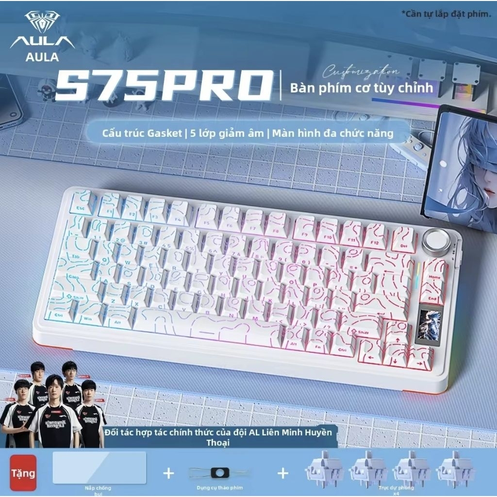 AULA Bàn phím cơ S75/F75 Pro Mạch xuôi Layout 75% 80 keys và núm xoay-Màn hình màu 1.14 TF-Hotswap-LED RGB 16 triệu màu | BigBuy360 - bigbuy360.vn
